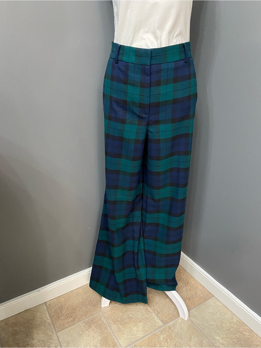 ANN TAYLOR Green & Navy Plaid Wide-Leg Trousers career holidays Size 10